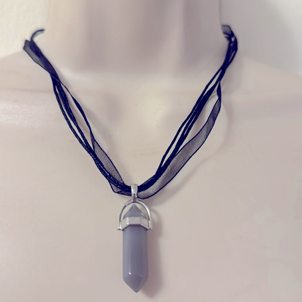Polished Double Pointed Amythest On Black Silk Ribbon and Black Cord